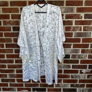 Oscar de la Renta Women Medium White Floral Lace Trim Kimono Bridal Robe Vintage